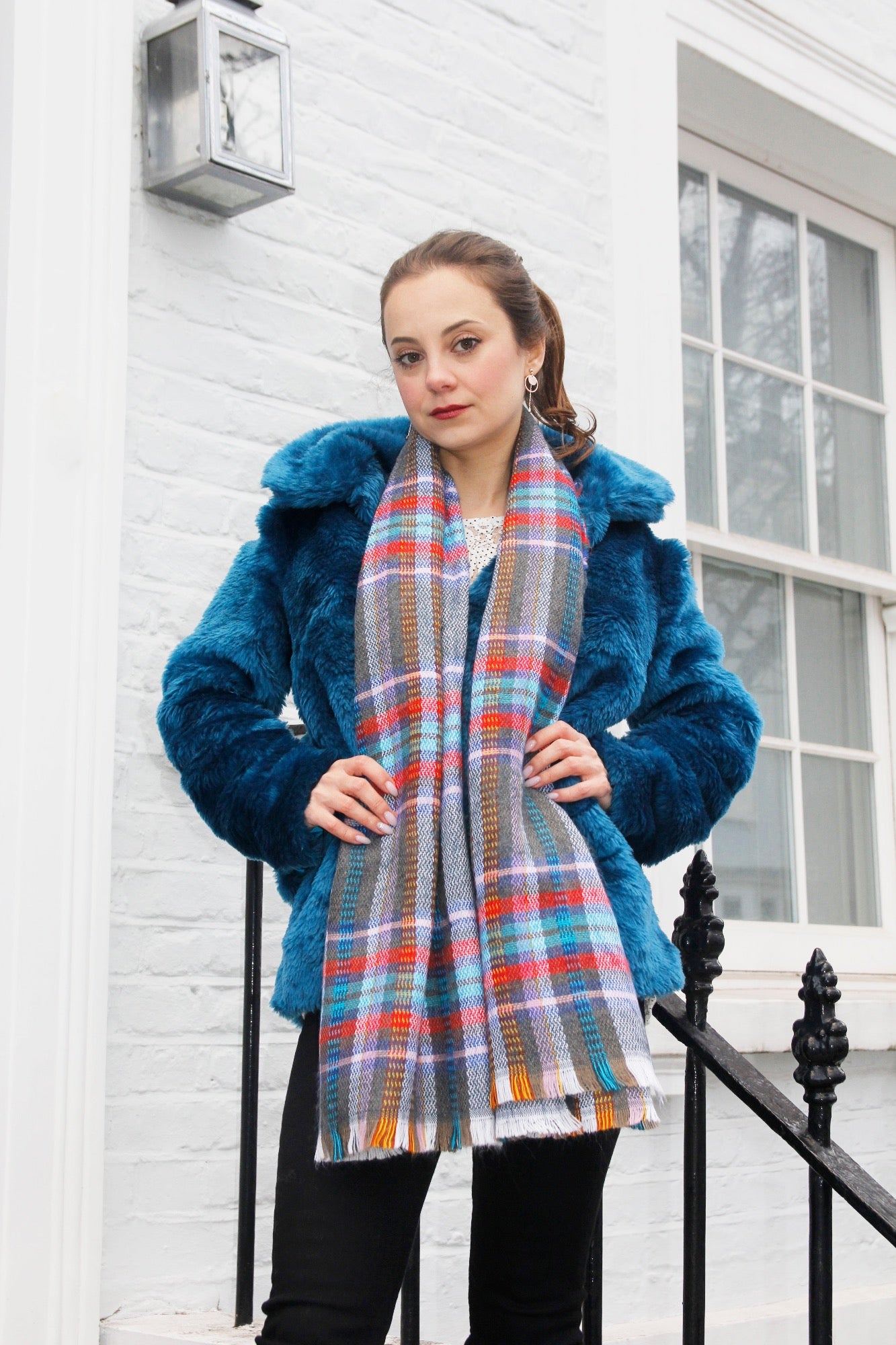 Blue & Red Checked Plaid Multi Colour Women's Winter Scarf