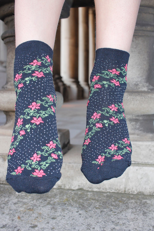 women's socks, black socks, print socks, flower print socks