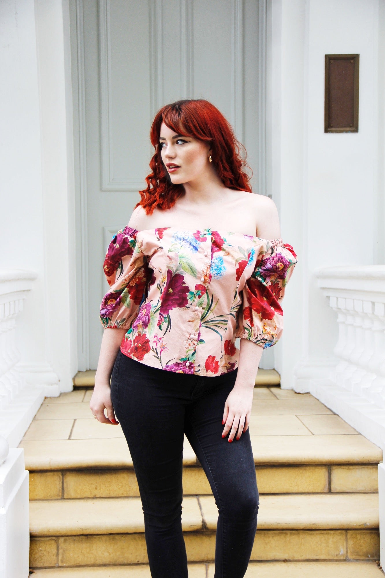 off shoulder flower print top