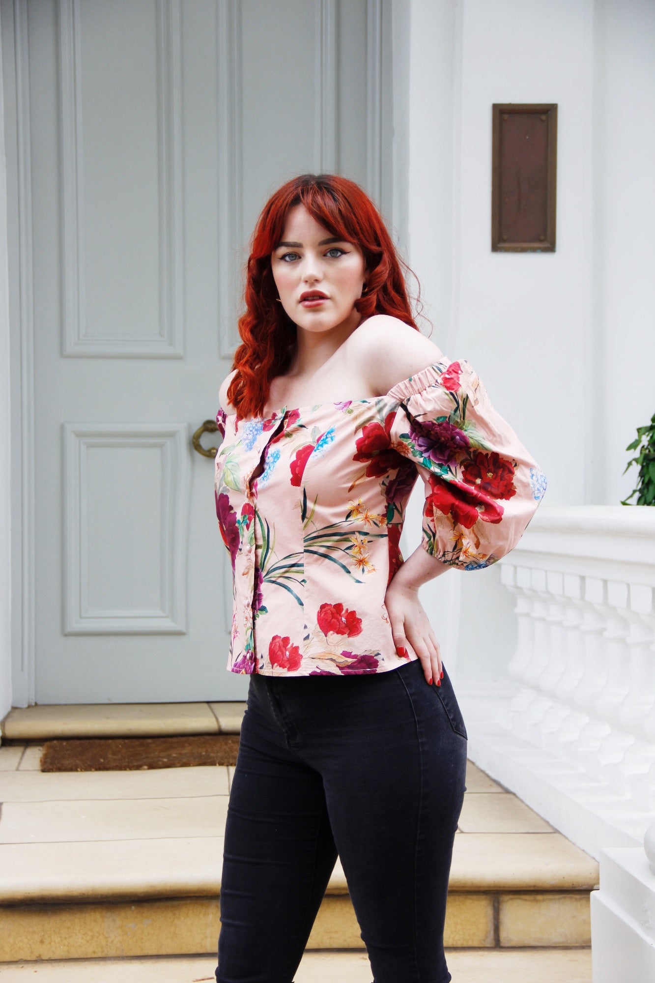 Rosie  -  Off Shoulder Rose Floral Print Blouse with 34 Sleeves